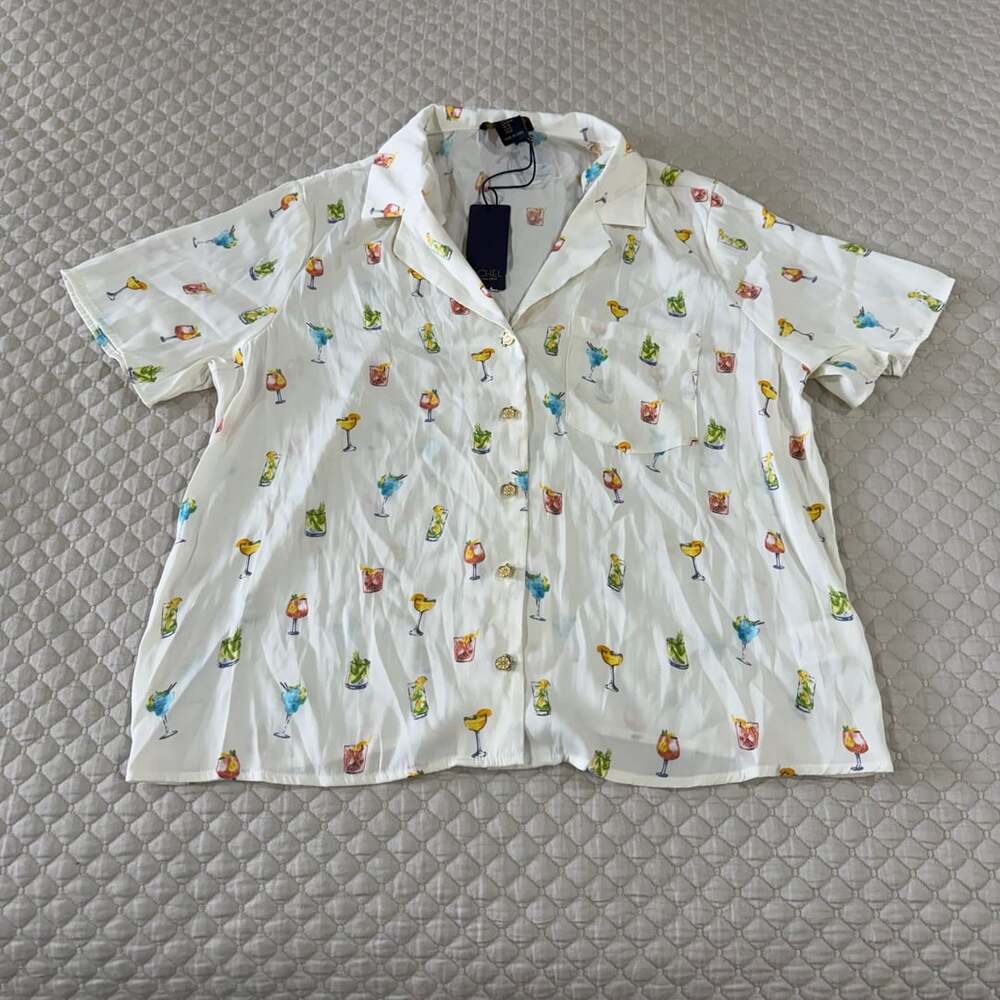 Rachel Roy White Cocktail Print Short Sleeve Button-Down Shirt